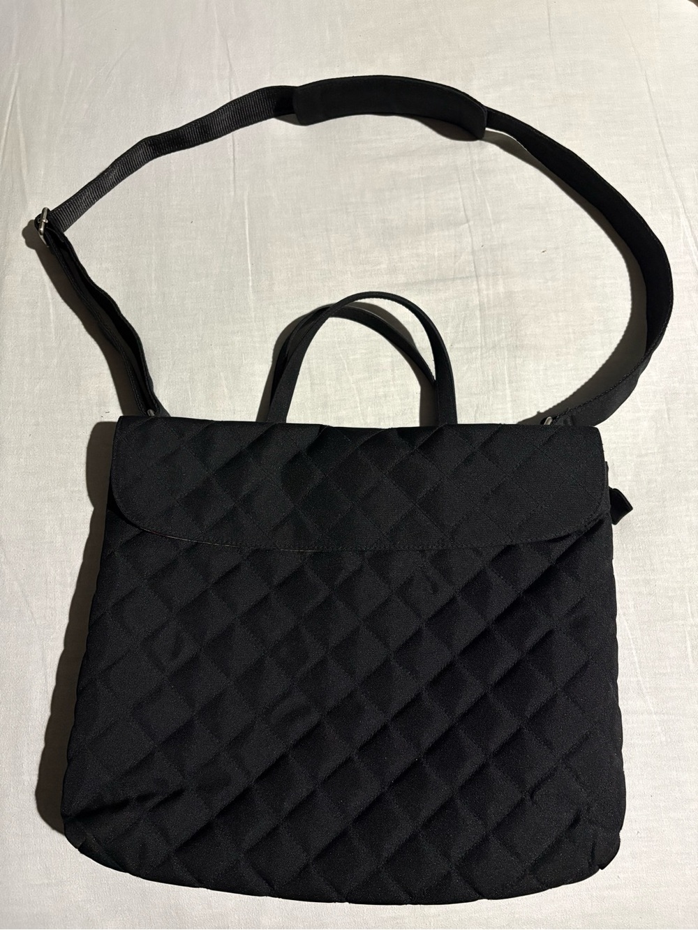 Black Quilted Laptop Shoulder Bag with Top Handles and Crossbody Strap